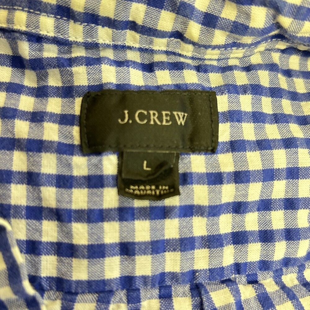 J. Crew Royal Blue White Gingham Check Seersucker SS Buttondown Shirt Sz L - Picture 10 of 16